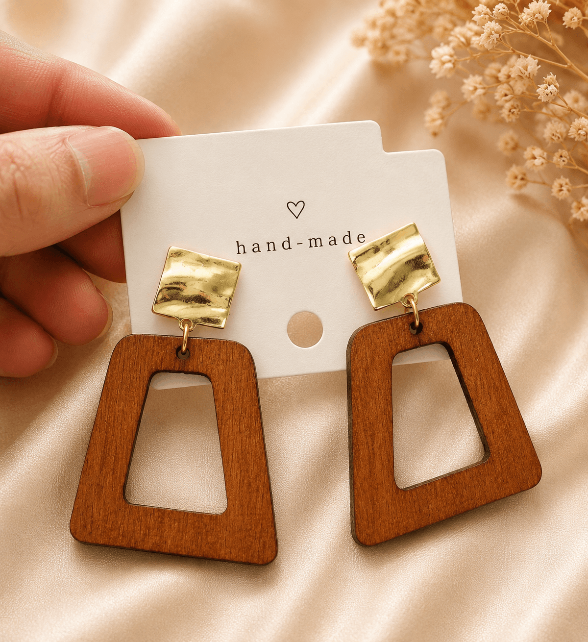 Wooden Geometric Drop Earrings in Brown & Gold – Accessories from Handpicked
