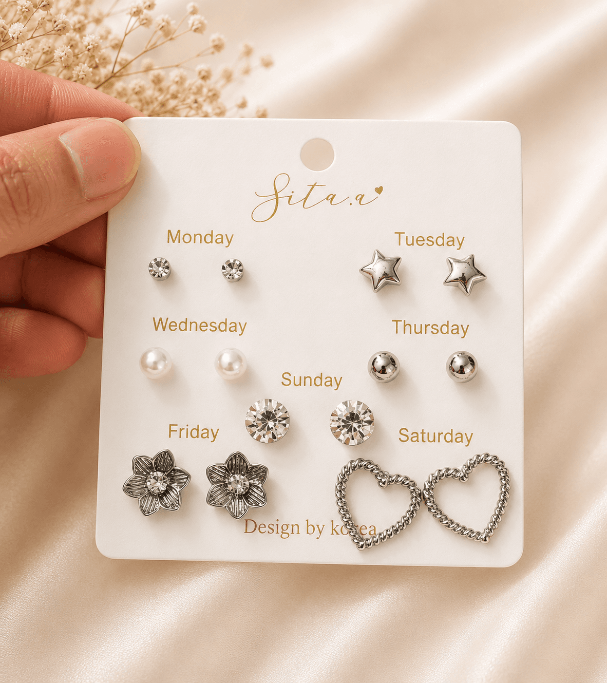 7-Pair Silver Everyday Stud Earrings Set in Silver – Accessories from Handpicked