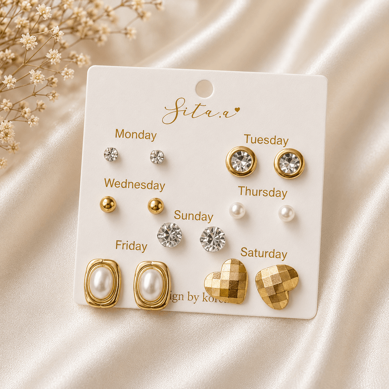 7-Pair Gold Classic Stud Earrings Set in Gold – Earrings from Handpicked