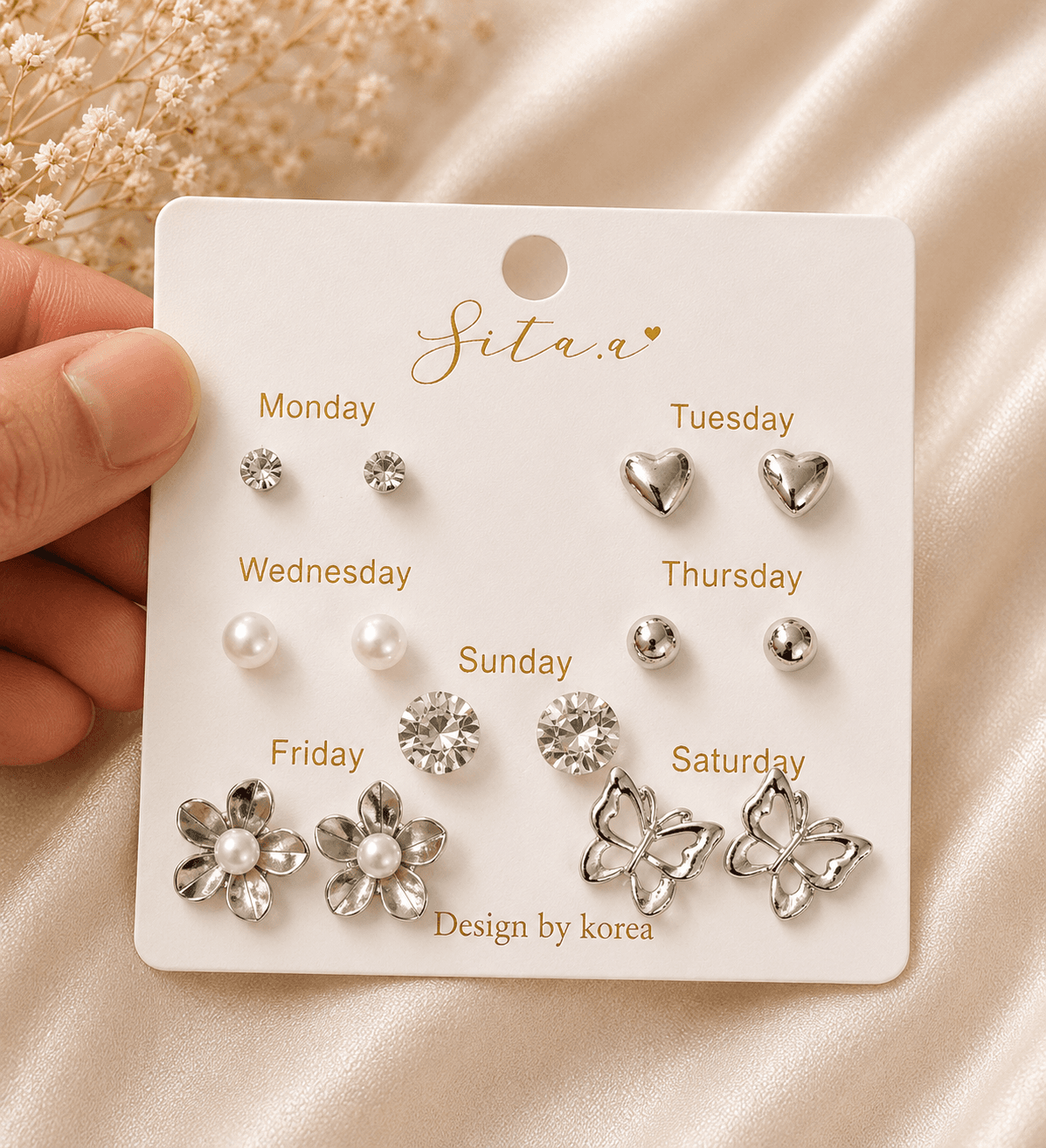 7-Pair Silver Everyday Stud Earrings Set in Silver – Earrings from Handpicked